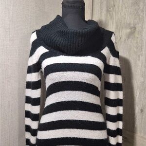 Black & White Striped Cowl Neck Women's Sweater